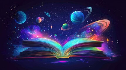 Poster - Enchanted Open Book Surrounded by Colorful Planets and Cosmic Elements in a Starry Night Sky, Symbolizing Imagination and Creativity