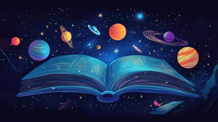 Poster - A Magical Open Book Surrounded by Colorful Planets and Stars in a Cosmic Night Sky, Symbolizing Imagination and the Universe of Knowledge