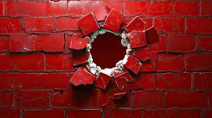 Poster - Cracked Red Brick Wall with Hole, Exposing Inner Structure, Urban Decay, Architectural Detail, Texture and Contrast in Photography
