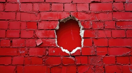 Poster - Cracked Red Brick Wall with a Round Hole Revealing Clear Background Ideal for Urban, Industrial, or Construction Themes in Creative Projects