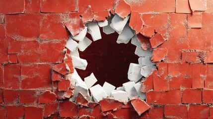 Poster - Cracked Red Brick Wall with a Large Circular Hole Revealing a Deteriorated Interior Background in Texture and Color