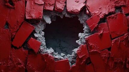 Poster - Close-Up of a Cracked Red Wall with a Hole Exposing Gray Cement Texture and Rough Edges, Creating an Artistic Background for Design and Illustration