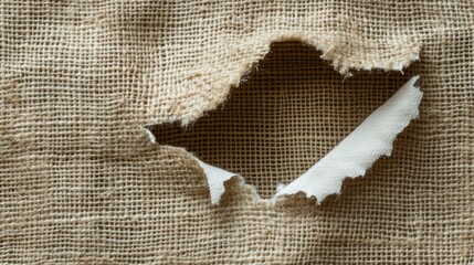 Poster - Textured burlap fabric with a significant tear revealing a smooth, white surface underneath, creating a striking contrast in a rustic, natural setting