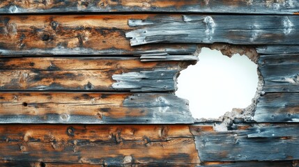 Poster - Weathered Wooden Wall with Cracked Surface and Exposed Hole Showing Interior Texture, Ideal for Rustic Background and Textural Contrast