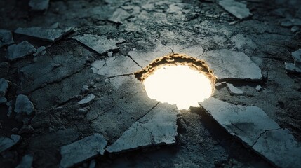 Poster - Bright Light Emanating from a Cracked Surface Creating an Intriguing Contrast with Dark Background in a Broken Ground Setting