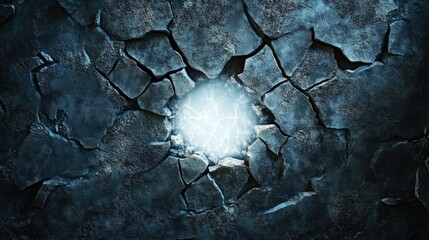 Poster - Cracked Stone Surface with Glowing Light Emanating From Center, Deep Textured Background with Cracks and Dark Shades Displaying Natural Stone Patterns and Styles