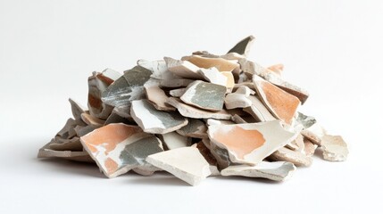 Poster - Pile of Broken Ceramic Pieces Displaying Diverse Colors and Textures on a White Background Ideal for Artistic and Creative Projects