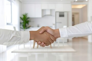 Wall Mural - Two hands shaking in a modern, bright workspace.
