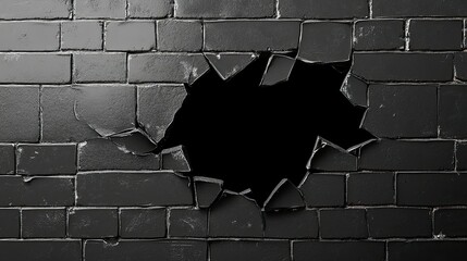 Poster - Cracked Black Wall with a Hole, Exposing Dark Space Behind It, Grunge Texture, Abstract Art Background with Damage and Ruin Concept for Creative Projects