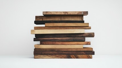 Poster - A Diverse Stack of Wooden Planks in Various Colors and Textures Displaying Natural Wood Grain Patterns Against a Minimalist Background