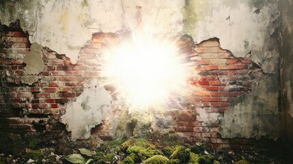 Poster - Bright Light Emanating from a Cracked Wall with Overgrown Greenery, Creating a Beautiful Contrast Between Nature and Urban Decay