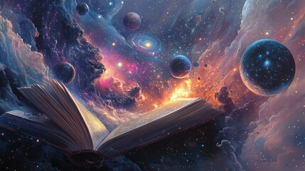 Poster - An Open Book Surrounded by a Colorful Cosmic Scene with Galaxies, Planets, and Starlit Skies Capturing the Essence of Imagination and Exploration in Space