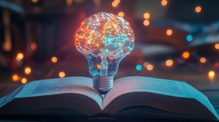Poster - Creative Concept of Illuminated Brain Inside Light Bulb Representing Knowledge and Imagination Above Open Book with Soft Bokeh Background
