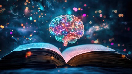 Poster - Floating Colorful Brain Above an Open Book Surrounded by Glowing Particles and Cosmic Background Illustrating Imagination and Knowledge Concept