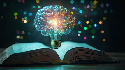 Poster - Imagination and Creativity Concept with Open Book and Glowing Brain Light Bulb Surrounded by Colorful Bokeh Background