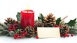© Ti Studio - A glowing red Advent candle surrounded by holly berries, pinecones, and a blank greeting card, isolated on white