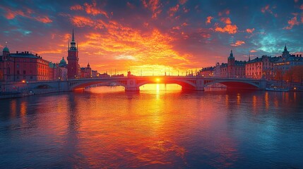 Poster - A stunning sunset over a city bridge reflecting vibrant colors in the water.
