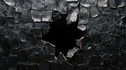 Poster - Broken Black Surface with Cracked Texture Revealing Dark Void, Abstract Background for Artistic, Grunge, or Distressed Design Concepts