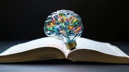 Poster - Creative Concept of Knowledge and Imagination with Light Bulb Shaped Brain on Open Book Against Dark Background for Educational and Inspirational Themes