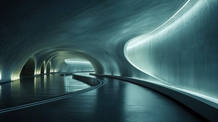 Poster - Futuristic and Minimalist Interior of an Abstract Tunnel with Soft Lighting and Curved Lines in a Modern Urban Environment