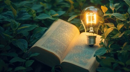Poster - An Open Book with a Light Bulb Symbolizing Ideas and Creativity Surrounded by Green Leaves in a Natural Setting for Inspirational Imagery
