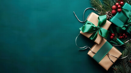 Wall Mural - Gift box tied with red ribbon and pine branches, green background