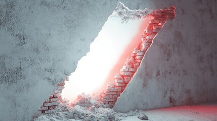 Poster - Dramatic Breakthrough in an Urban Setting Revealing Bright Light Through a Cracked Wall with Red Glow and Dusty Texture Highlighting Architectural Elements