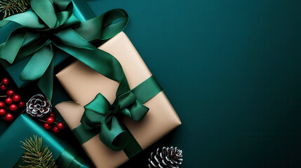 Wall Mural - Gift box tied with red ribbon and pine branches, green background