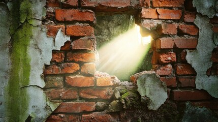 Poster - Sunlight Streams Through Cracked Brick Wall Highlighting Textures of Decay and Nature's Resilience in an Abandoned Space