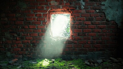 Poster - Sunlight Streaming Through a Small Window in a Rustic Brick Wall Surrounded by Greenery and Nature, Creating a Serene Atmosphere with Light and Shadow Play