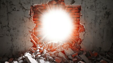 Poster - Light Shining Through a Broken Wall Creating Dramatic Visual Contrast, Symbolizing Hope, Change, and New Beginnings in Urban Environments