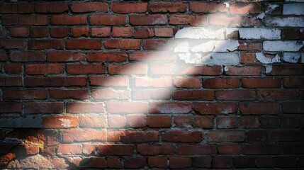 Poster - Natural Light Streaming Through a Cracked Brick Wall, Creating a Beautiful Contrast Between Texture and Color in an Urban Environment