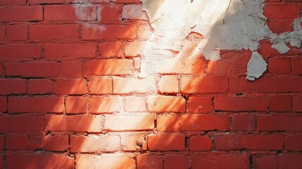 Poster - Textured Red Brick Wall with Peeling Paint and Soft Light Casting Subtle Shadows in a Warm Atmosphere Evoking Vintage and Urban Vibes Ideal for Various Design Projects
