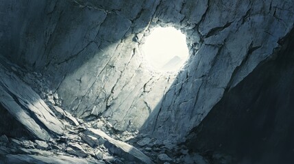 Poster - Light Filtering Through a Rocky Opening in a Cave, Illuminating the Stony Walls and Ground Surrounded by Untouched Nature and Mysterious Shadows