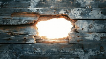 Poster - Weathered Wooden Plank with a Bright Light Shining Through a Hole, Creating a Contrast of Texture and Illumination in Rustic Settings