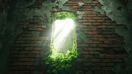 Poster - Sunlight Streaming Through a Weathered Window in an Abandoned Brick Wall Surrounded by Lush Green Moss and Nature's Recovery
