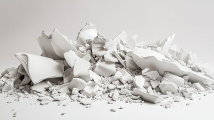 Poster - White shards of broken porcelain ceramic pieces scattered on a clean surface, creating a chaotic yet artistic composition that highlights texture and contrast.