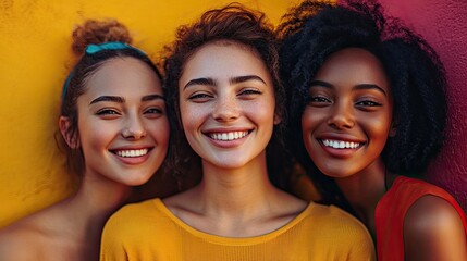 Poster - Three diverse young women smiling against a colorful wall.