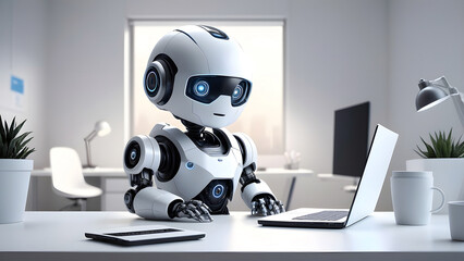 cute ai robot use laptop at office. artificial intelligence ai and machine learning.