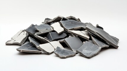 Poster - Aesthetic Pile of Natural Stone Tiles in Various Shades of Grey and Black with Intricate Patterns for Home Decor and Design Projects