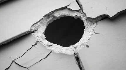 Poster - Close-Up of a Cracked Surface with a Circular Hole Revealing Depth and Texture in Monochrome, Ideal for Abstract or Destruction Concepts in Art and Design