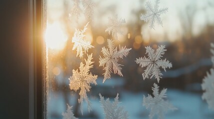 Poster - A sunlit window adorned with intricate snowflake patterns against a winter landscape.