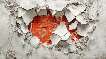 Poster - Close-Up of a Wall with Chipped White Plaster Revealing Exposed Orange Brick Underneath, Showcasing Weathered Texture and Urban Decay Aesthetic