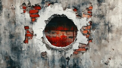 Poster - Cracked and Weathered Wall with Circular Hole Revealing Red Bricks and Rustic Texture, Perfect for Urban and Industrial Themes in Photography and Art Projects