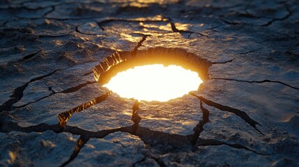 Poster - Cracked Earth with a Glowing Hole Illuminating the Surrounding Terrain in a Dramatic Landscape, Symbolizing Nature's Hidden Forces and Beauty