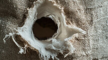 Poster - Close-Up of a Torn Natural Fabric with a Distinctive Hole and Frayed Edges, Illustrating the Texture and Character of Worn Material for Artistic Applications