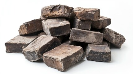 Poster - A Pile of Rough, Textured Brown Stones Stacked Together Isolated on a White Background Highlighting Natural Variation and Earthy Tones for Background or Decoration Use