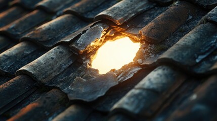 Poster - Close-Up of Damaged Roof Tiles with Light Shining Through an Opening, Highlighting Textures and Weathering of Old Architecture