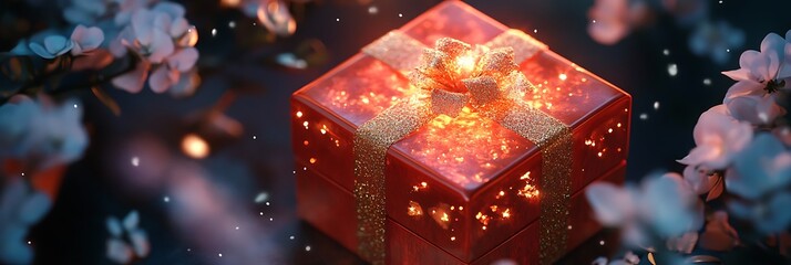 A sparkling red and gold gift box glowing softly, surrounded by delicate floral accents.