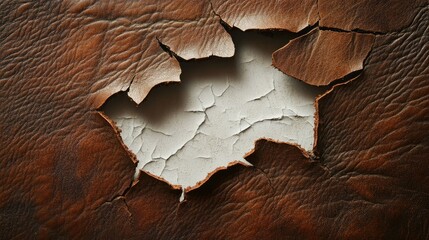 Poster - Close-up View of Cracked and Peeling Leather Texture Revealing a Light Colored Underlayer, Perfect for Backgrounds and Textures in Various Projects
